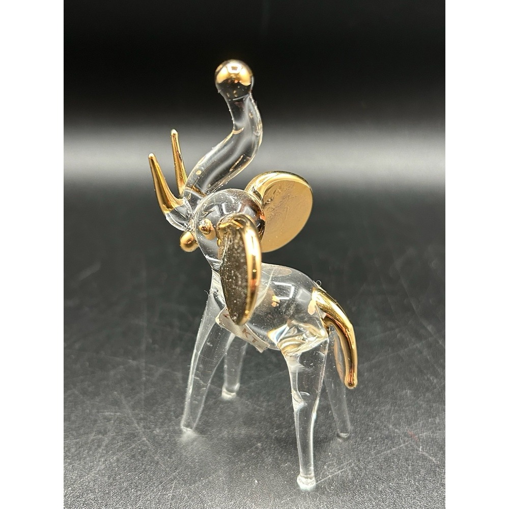 Clear Glass Elephant 24k Gold Trim Hand Blown Art Glass Ornament Figurine Decor - Picture 3 of 7